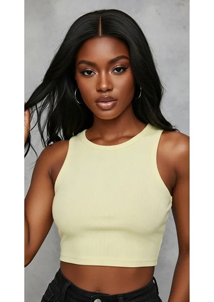 Kadın Zargo Model Fitted/vücuda Oturan Geniş Biyeli Halter Yaka Fitilli Esnek Örme Crop Bluz fiyatları