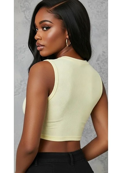 Kadın Zargo Model Fitted/vücuda Oturan Geniş Biyeli Halter Yaka Fitilli Esnek Örme Crop Bluz fırsatları