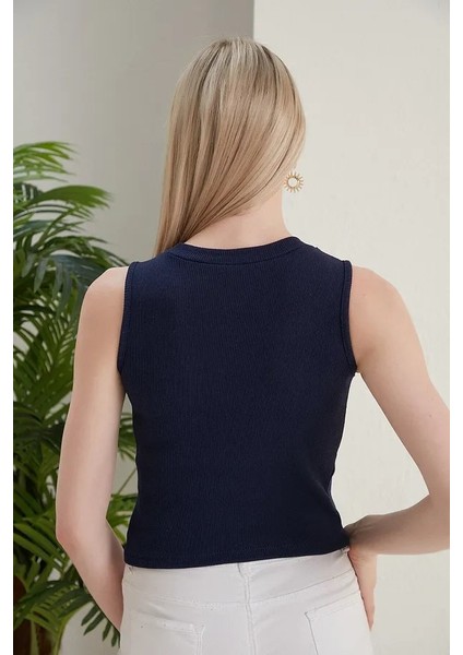 Kadın Zargo Model Fitted/vücuda Oturan Geniş Biyeli Halter Yaka Fitilli Esnek Örme Crop Bluz fiyatları