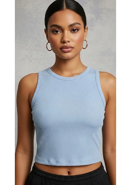 Kadın Zargo Model Fitted/vücuda Oturan Geniş Biyeli Halter Yaka Fitilli Esnek Örme Crop Bluz