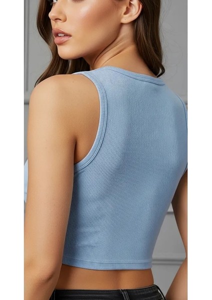 Kadın Zargo Model Fitted/vücuda Oturan Geniş Biyeli Halter Yaka Fitilli Esnek Örme Crop Bluz fiyatları