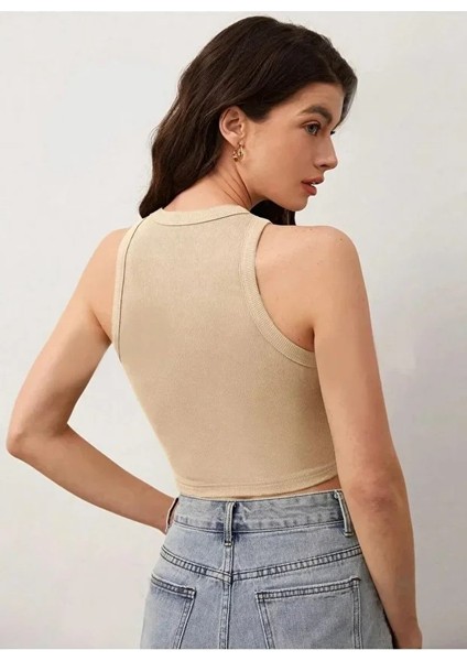 Kadın Zargo Model Fitted/vücuda Oturan Geniş Biyeli Halter Yaka Fitilli Esnek Örme Crop Bluz fiyatları