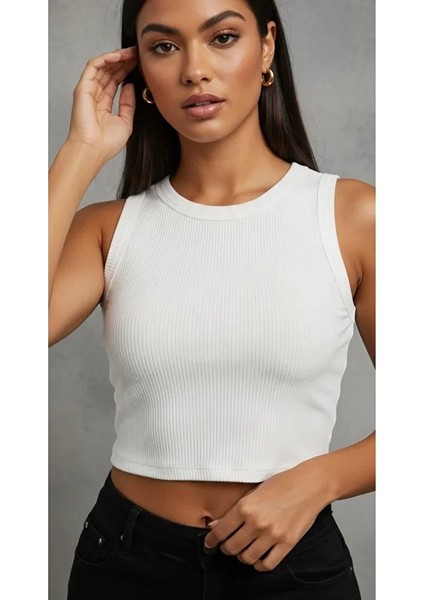 Kadın Zargo Model Fitted/vücuda Oturan Geniş Biyeli Halter Yaka Fitilli Esnek Örme Crop Bluz