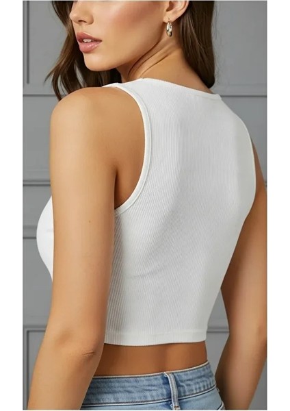 Kadın Zargo Model Fitted/vücuda Oturan Geniş Biyeli Halter Yaka Fitilli Esnek Örme Crop Bluz fiyatları