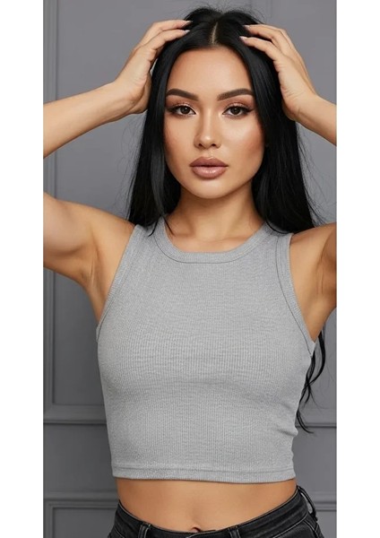 Kadın Zargo Model Fitted/vücuda Oturan Geniş Biyeli Halter Yaka Fitilli Esnek Örme Crop Bluz