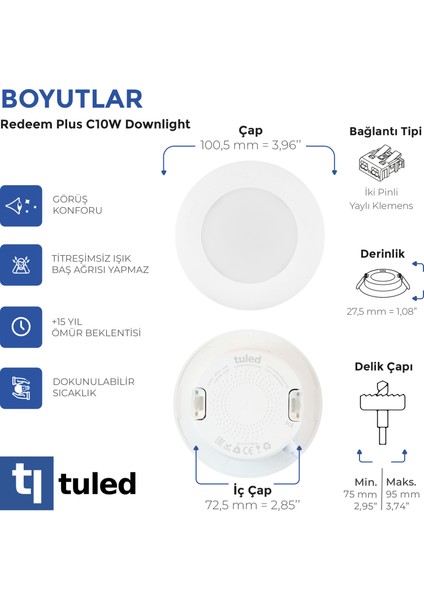 Redeem Plus C10W Downlight, Titreşimsiz, Göz Konforu, Tekli, 693 Lümen, Tuled Beyazı, 5000 Kelvin fırsatları