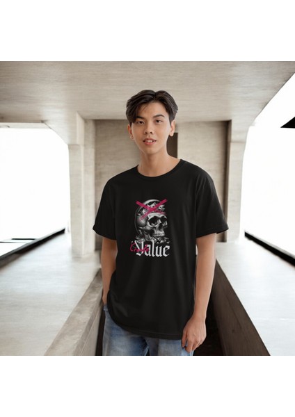 Kurukafa Baskılı Siyah Oversize Erkek Tişört fırsatları