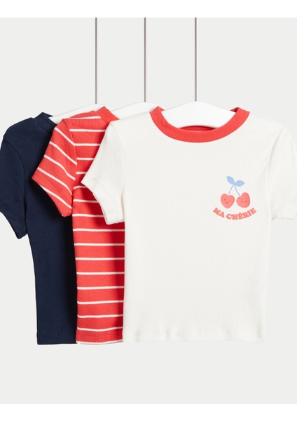 3'lü Pamuklu Fitilli T-shirt (2-8 Yaş)