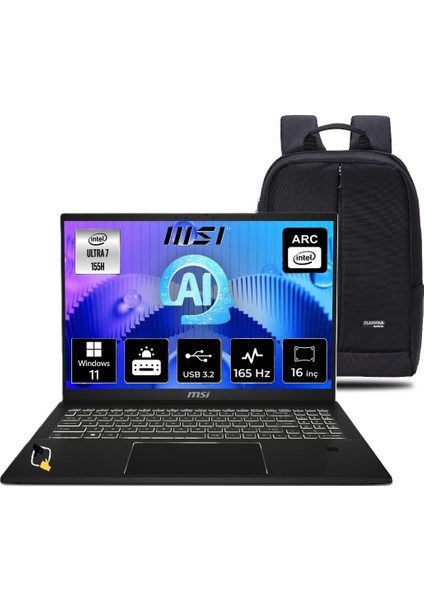 Msı Summıt E16 Aı Evo A1MTG-029TR Intel Core Ultra 7 155H 16GB 2tb SSD Windows 11 Pro 16" Qhd+ 165Hz Taşınabilir Bilgisayar+Snertech Çanta