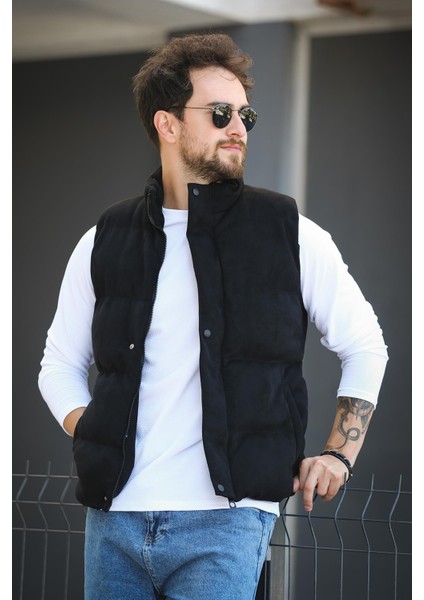 Taff Cepli Dik Yaka Dolum Erkek Şişme Süet Nubuk Yelek