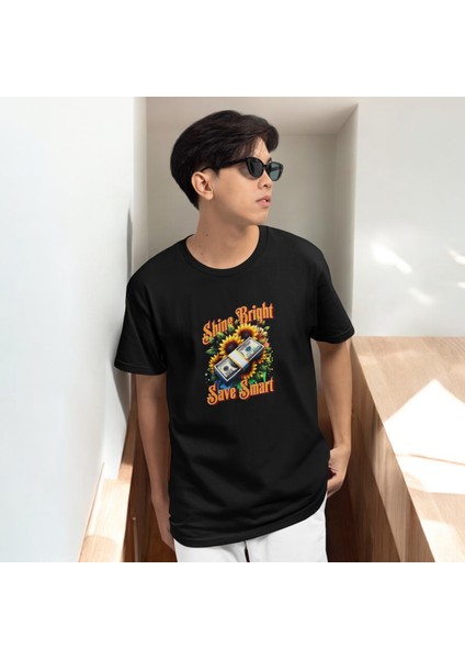 Shine Bright Baskılı Siyah Oversize Tişört