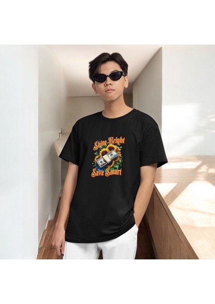 Shine Bright Baskılı Siyah Oversize Tişört fırsatları