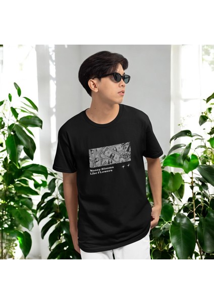 Money Blooms Baskılı Siyah Oversize Tişört