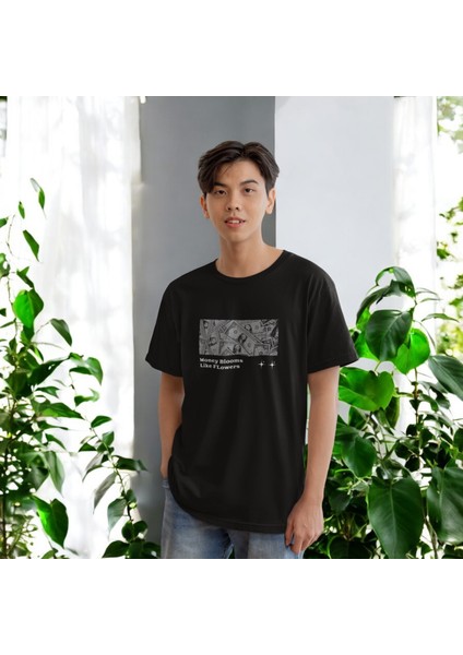 Money Blooms Baskılı Siyah Oversize Tişört modelleri