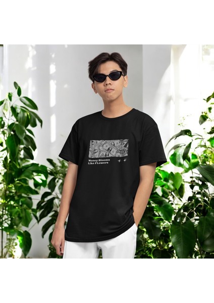 Money Blooms Baskılı Siyah Oversize Tişört fırsatları