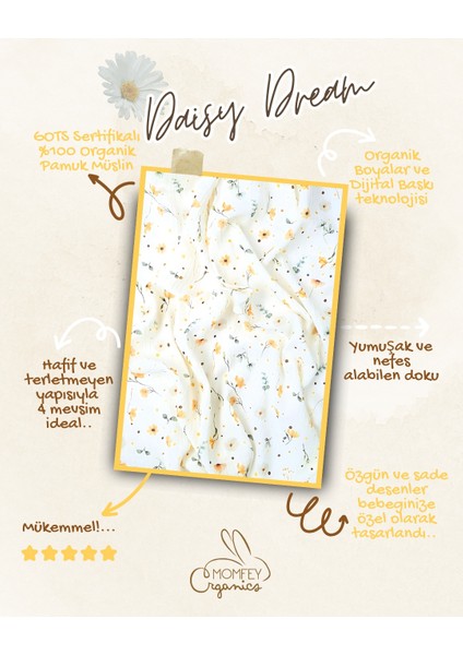 %100 Organik Müslin Daisy Dream Bebek Battaniye ve Ağız Mendili Seti – 95X95 cm + 2’li 30X30 cm – Çantalı