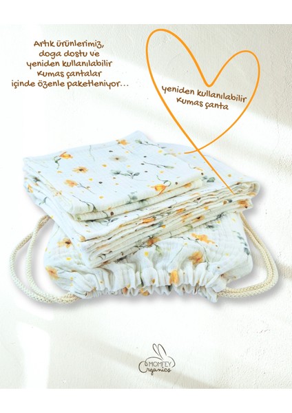 %100 Organik Müslin Daisy Dream Bebek Battaniye ve Ağız Mendili Seti – 95X95 cm + 2’li 30X30 cm – Çantalı modelleri