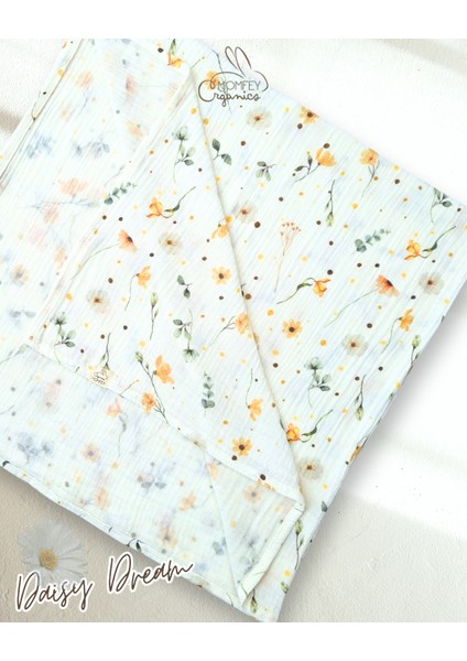%100 Organik Müslin Daisy Dream Bebek Battaniye ve Ağız Mendili Seti – 95X95 cm + 2’li 30X30 cm – Çantalı