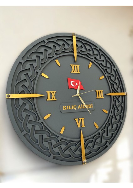 Ahşap Duvar Saati (56x56) Antrasit gold