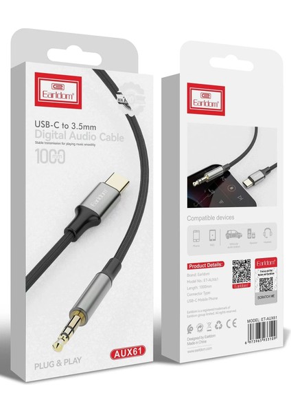 AUX61 Tak Çalıştır 1m Type-C To 3.5mm Dijital Aux Kablo - Siyah indirimleri