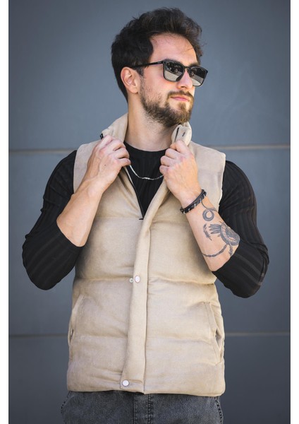 Taff Cepli Dik Yaka Dolum Erkek Şişme Süet Nubuk Yelek