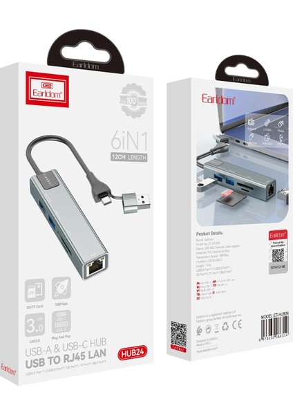 HUB24 6'lı Çoklayıcı USB-C Hub - MacBook, Laptop Uyumlu Type-C Dönüştürücü, HDMI, USB 3.0 ve Kart Okuyucu