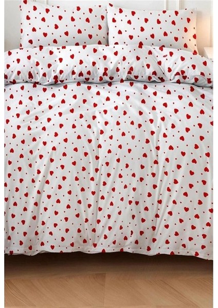 Çift Kişilik Nevresim Seti + 2 Yastık Kalp Desenli Beyaz Kırmızı