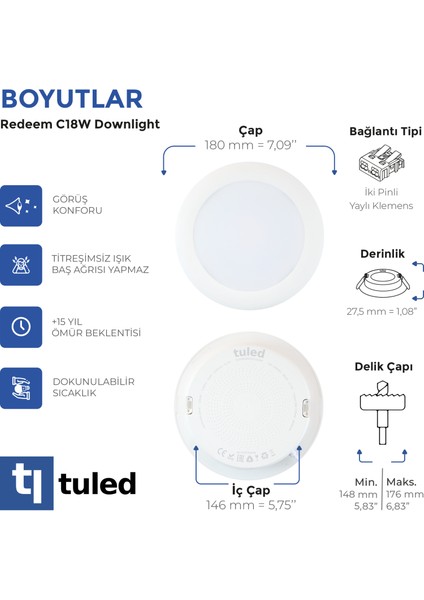 Redeem C18W Downlight, Titreşimsiz, Göz Konforu, Tekli, 1608 Lümen, Soğuk Beyaz, 6500 Kelvin fırsatları