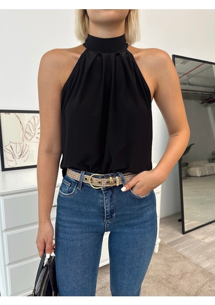 Kadın Halter Yaka Desenli Sandy Kumaş Bluz