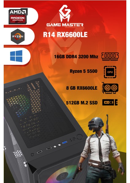 R14 RX6600LE R5 5500 Cpu 16GB Ddr4 3200 Mhz Ram 512GB M.2 SSD 8gb RX6600LE Gaming Pc Kasa