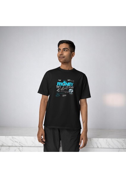 Money Reflections Baskılı Siyah Oversize Tişört