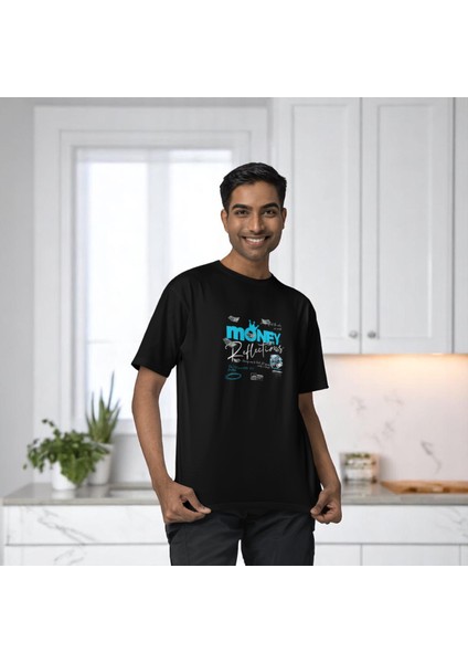 Money Reflections Baskılı Siyah Oversize Tişört fiyatları