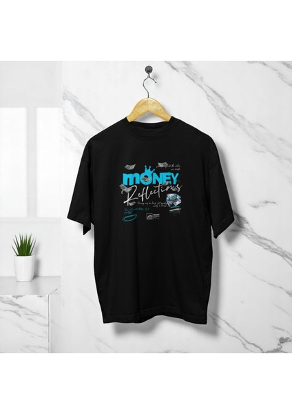 Money Reflections Baskılı Siyah Oversize Tişört fırsatları