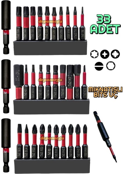 33 Parça Mıknatıslı Bits Uç Yıldız Düz Torx Hex S2 Çelik 50 mm Matkap Uç