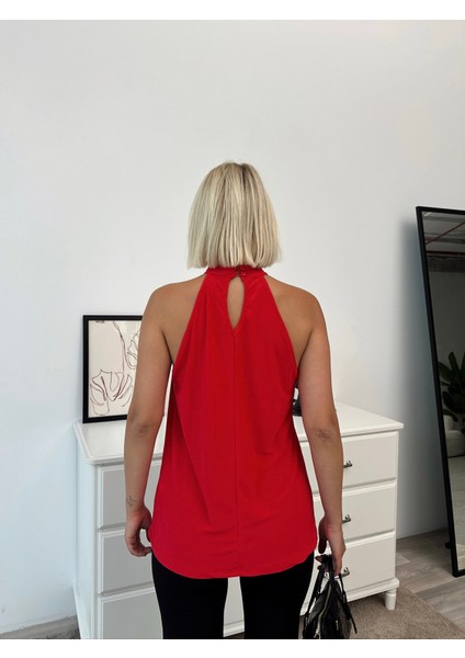 Kadın Halter Yaka Desenli Sandy Kumaş Bluz