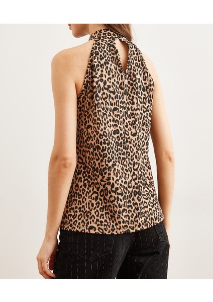 Kadın Halter Yaka Desenli Sandy Kumaş Bluz