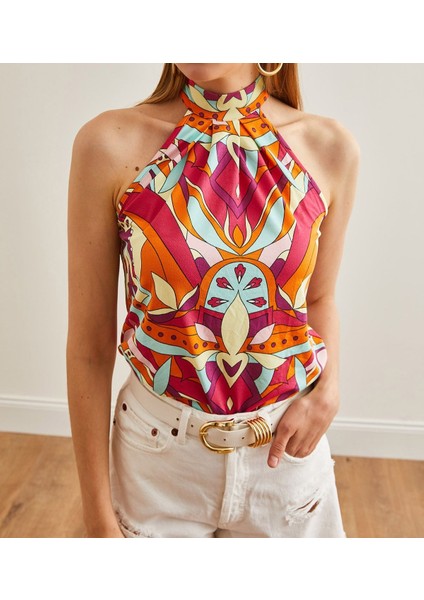 Kadın Halter Yaka Desenli Sandy Kumaş Bluz fiyatları