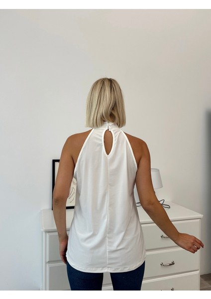 Kadın Halter Yaka Desenli Sandy Kumaş Bluz