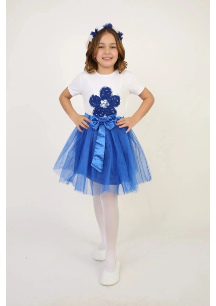 Kız Çocuk Saks Mavi Pullu Çiçek Tişört Saks Mavi Tütü Etek Takım 23 Nisan 29 Ekim Gösteri Kıyafeti