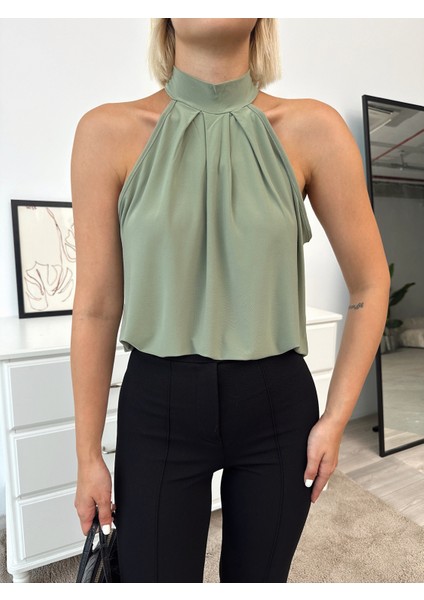 Kadın Halter Yaka Desenli Sandy Kumaş Bluz