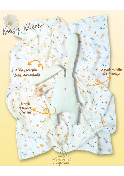 %100 Organik Müslin Daisy Dream Bebek Battaniye ve Uyku Arkadaşı Seti – 95X95 cm
