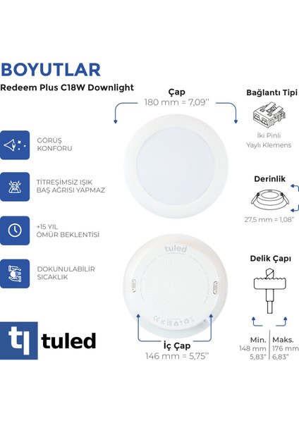 Redeem Plus C18W Downlight, Titreşimsiz, Göz Konforu, Tekli, 1831 Lümen, Doğal Beyaz, 4000 Kelvin fırsatları