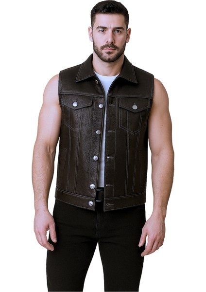 Arthur Hakiki Jumbo Deri Erkek Siyah Motorcu Tarzı Yelek