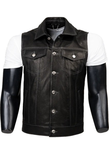 Arthur Hakiki Jumbo Deri Erkek Siyah Motorcu Tarzı Yelek modelleri