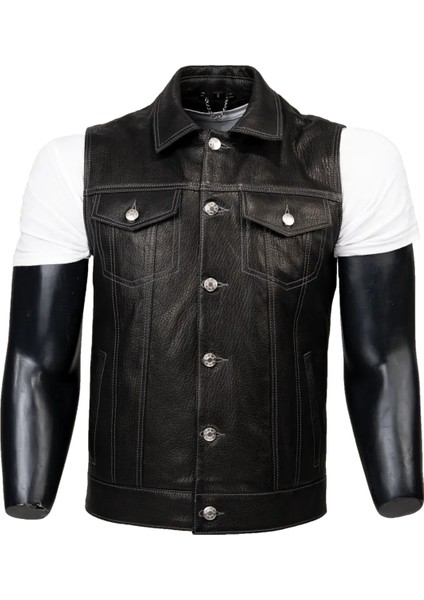 Arthur Hakiki Jumbo Deri Erkek Siyah Motorcu Tarzı Yelek fırsatları