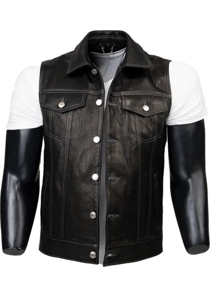 Arthur Hakiki Jumbo Deri Erkek Siyah Motorcu Tarzı Yelek indirimleri