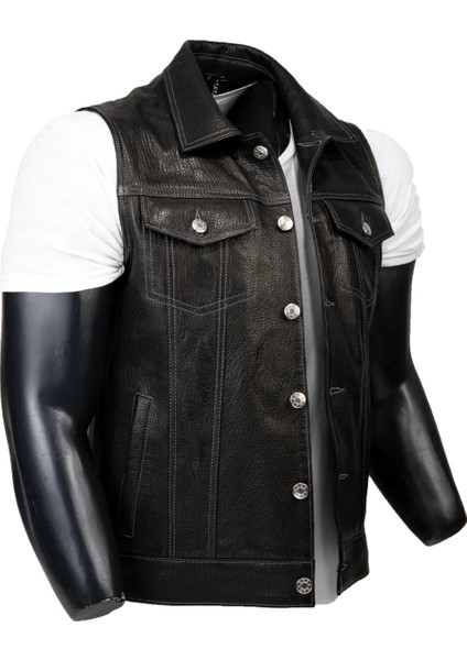 Arthur Hakiki Jumbo Deri Erkek Siyah Motorcu Tarzı Yelek