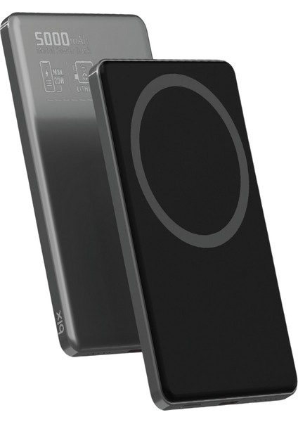 TPB14 5000MAH 15W Kablosuz Hızlı Şarj Destekli 20W Usb-C Pd 3.0 Manyetik Ultra Slim Metal Gövdeli Powerbank Koyu Gri