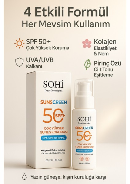 SPF 50+ Yüz ve Vücut Güneş Kremi | Pirinç Özü, Kolajen & Niacinamide & Hyaluronik Asit modelleri