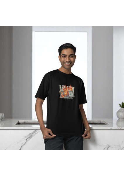 Money Is Not Just Currency Baskılı Siyah Oversize Tişört